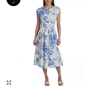 Calvin Klein White Midi Dress with Blue Floral Print